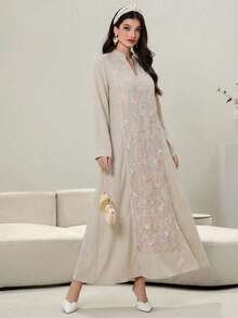 Al Najma 刺绣、提花、串珠连衣裙，传统阿拉伯风格女装 - 杏色 - 查看 1