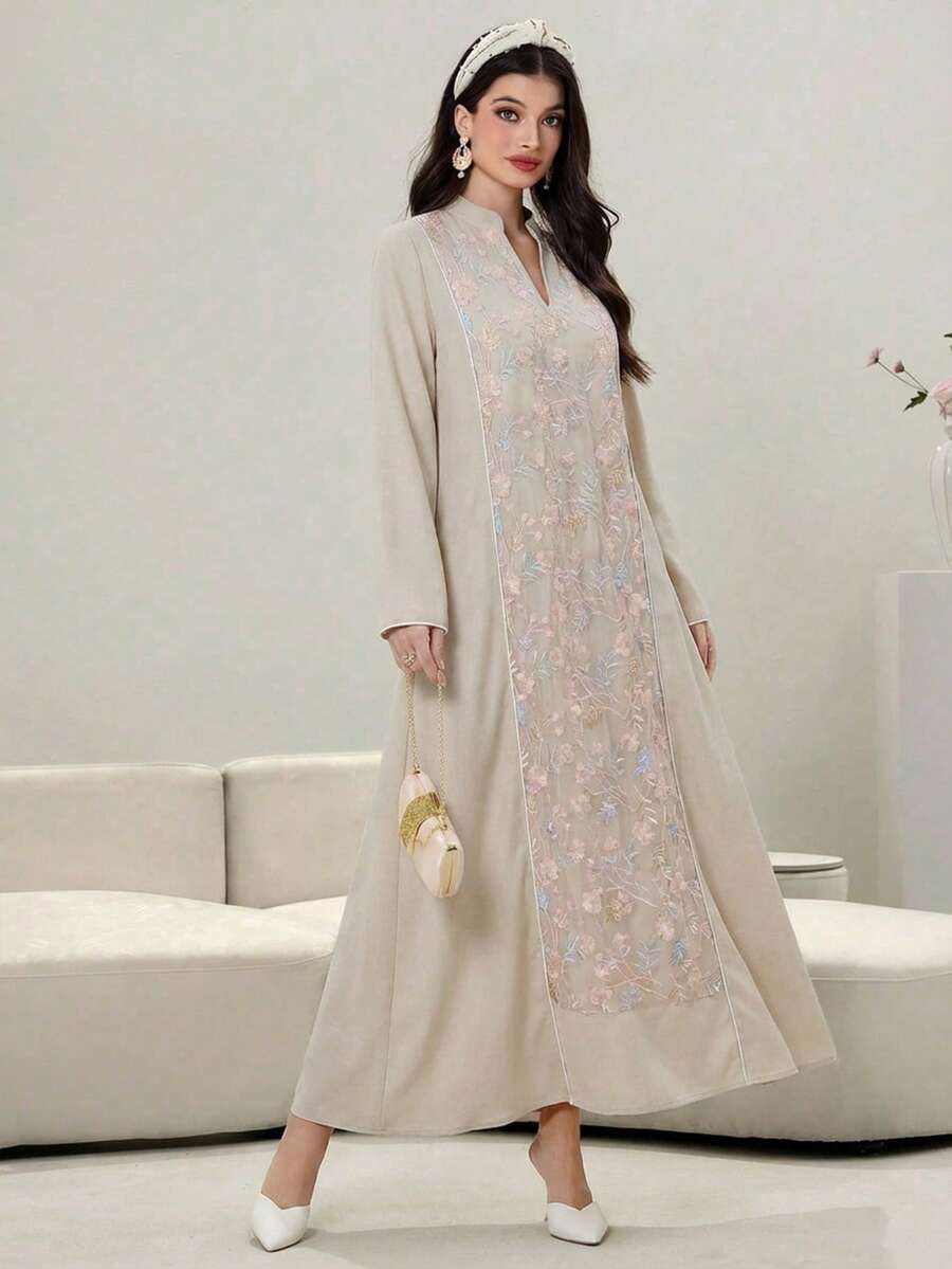 Al Najma 刺绣、提花、串珠连衣裙，传统阿拉伯风格女装 - 杏色 - 查看 1