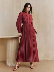 Anewsta Women's Elegant Frill Trim Long Pleated Dress - Red - View 5