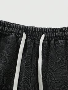 ROMWE MEN Essentials Shorts Masculinos com Cordão na Cintura, Bolso Inclinado e Bordado de Floco de Neve e Letra - Preto - Visão 4