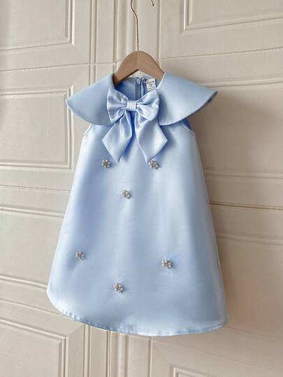 PrepCrw 1pc Young Girls' Elegant Urban School Style Light Blue Bow & Pearl Decor Lapel Sleeveless Dress, Suitable For Outings, Gatherings, Festivals, Spring, Summer, Valentine's Day, Weddings Kids Dress Dress With Bows Girl Bow Dress