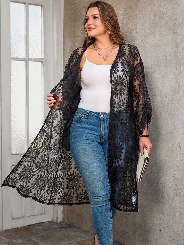 Plus Size Women Lace Trim Loose Casual Vacation Jacket/Summer Lace Kimono Kimono Cover Up Sheer Cardigan Women Women Kimono Sheer Kimono