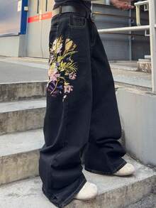 ROMWE MEN Spring Casual Graphic Men'S Floral Embroidered Pocket Wide Leg Loose Casual Jeans - Black - View 4