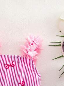 SHEIN Newborn Baby Girl Swimsuit With Bow And Striped Print, One-Piece