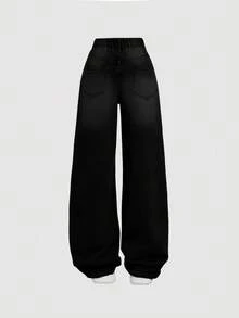 SHEIN Girlism Teen Girl Y2K Loose Fit Casual Denim Pants With Pockets And Wide Legs, Teen Girl Summer Break Clothes Denim Jeans OutfitS. - Black - View 2