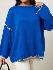 Plus Size Round Neck Casual Contrast Trim Drop Shoulder Sweater - Royal Blue - View 4