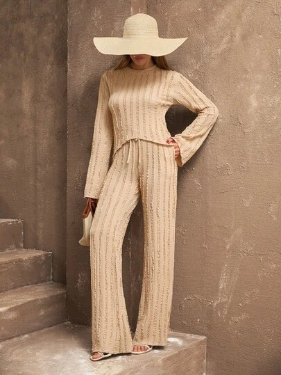 EURMUSE Long Sleeve Crop Top & Drawstring Wide-Leg Pants, Casual And Comfortable Two Pieces Outfit
