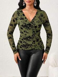 SHEIN Lady Women's Army Green Elegant Jacquard Mesh Fabric T-Shirt,Overlapping Design Semi-See-Through Top For Dinner Date,Autumn Weddings & Events Spring Summer - Army Green - View 5