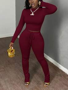 Slaydiva 两件套女士休闲基础款秋冬圆领长袖紧身露脐上衣和抽绳松紧腰修身裤运动套装 - 酒紅色 - 查看 4