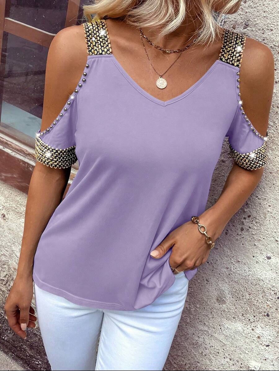 EMERY ROSE Women's Casual Faux Pearl Decor Off-Shoulder V-Neck Short Sleeve T-Shirt, Summer - Mauve Purple - View 1