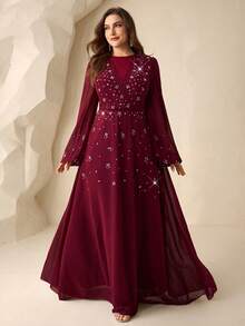 Coutiva Plus Size Women's Rhinestone Decor Lantern Sleeve Elegant Formal Evening Gown Long Sleeve Formal Dress Plus Size Dresses Burgundy Wine Dress Designer Dresses For Women Turkish Dress - Burgundy - View 7