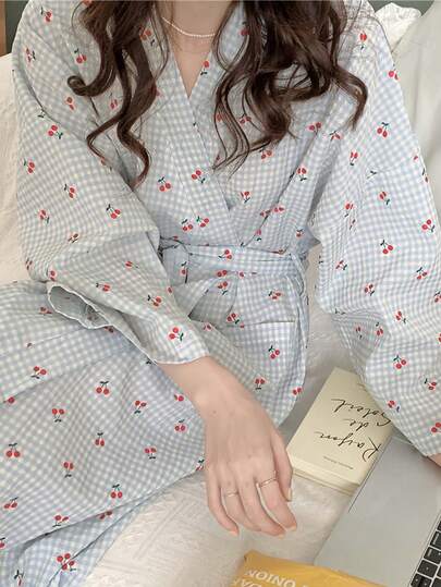 Kadınlar için Hafif Uzun Kollu Bornoz - Ekose Desenli Kimono Ev Giyim, İlkbahar ve Sonbahar İçin Şirin Minimalist Ev Giyimi, Kişisel Bakım ve Rahatlama İçin Yumuşak Bornoz