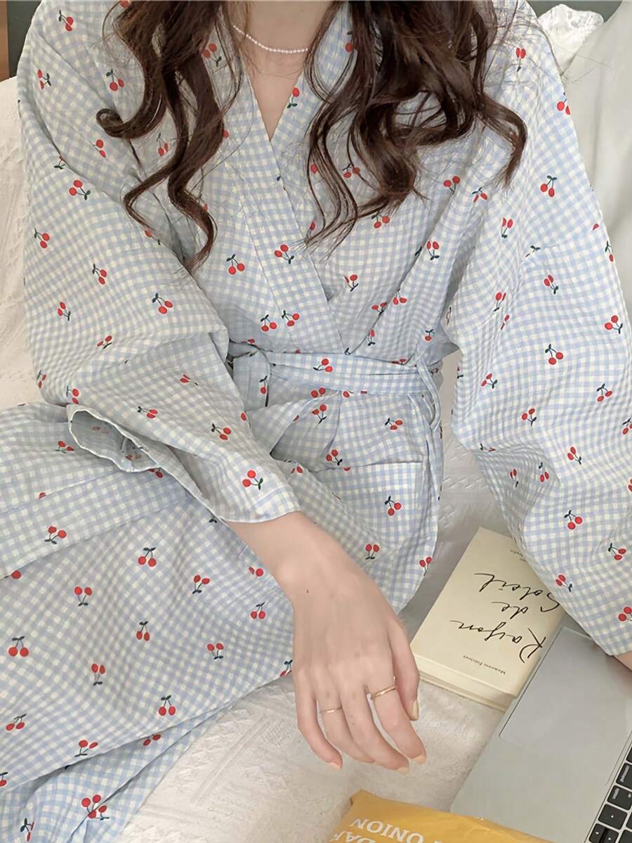 女士轻薄长袖睡袍 - 格纹印花和服式家居服，春秋季简约可爱家居服，柔软舒适的浴袍，助您放松身心，尽享惬意时光 - 藍色 - 查看 1