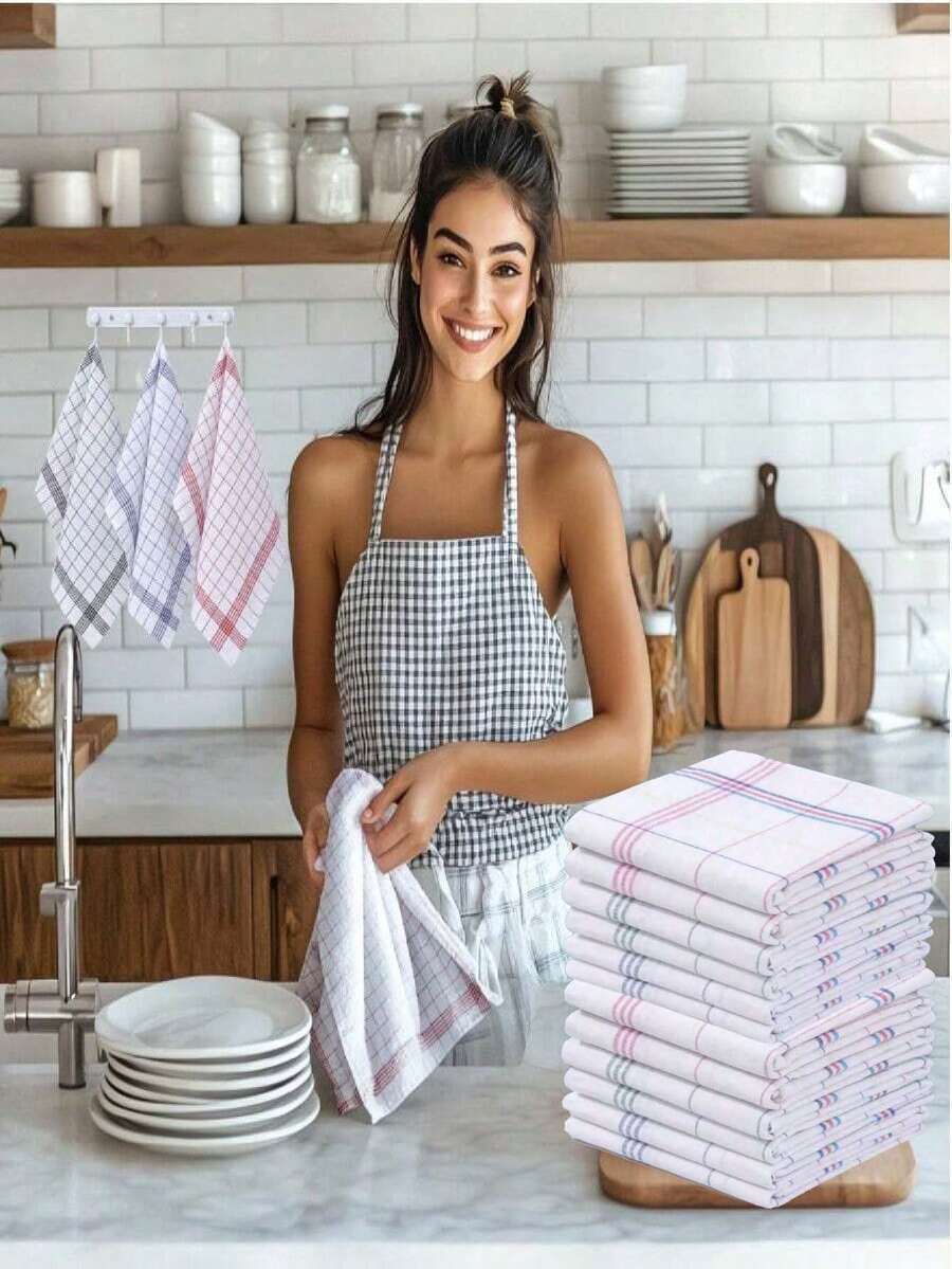12 حزمة من المناشف المطبخية فائقة اللين، فائقة الامتصاص، بتصميم شريطي مربع، متوفرة بألوان متعددة مثل الوردي/الأزرق/الأسود/الأخضر، مثالية للمنزل والطعام - متعدد الألوان - مشاهدة 1