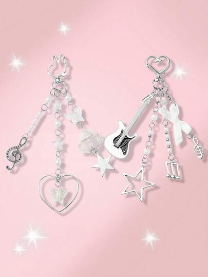 Kawaii 2pcs Fashionable & Versatile Silver Chain Faux Pearl Resin Star, Heart, Butterfly, Acrylic Wind Chime, Music Note, Bow Tie, Black & White Electric Guitar Pendant DIY Keychain, Bag Charm, Suitable For Sisters, Best Friends, Couples, Daily Wear, Holiday Gifts