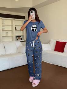 Dream Adore Women Panda Print Short Sleeve Top And Pants Pajama Set - Blue - View 3