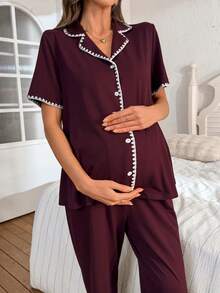 SHEIN Maternity Contrast Trim Collar Cardigan Short Sleeve & Pants Loungewear Set - Burgundy - View 5