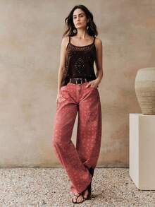 Anewsta 女士时尚、优雅、浪漫派对及休闲度假红色波西米亚印花牛仔裤 - 紅色 - 查看 3