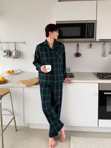 Winter  2pcs Men's Casual Plaid Shirt & Pants Pajama Set, Classic Minimalist Design Pajama Set Teen Boys
