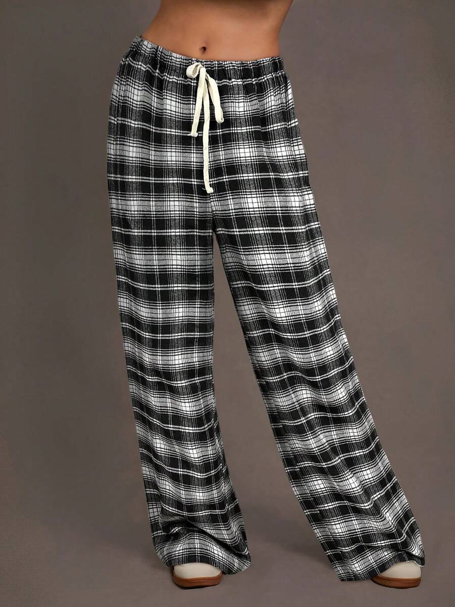 Siren Gaze Women's Casual Tie-Waist Plaid Wide Leg Loose Pants Plaid Pants Drawstring Pants Spring Black - Black - View 1