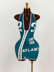 Amplova Đầm ngắn nữ gợi cảm in số, thắt dây, cổ yếm, thích hợp cho mùa hè. - Nhiều màu - Xem 1