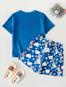TOM & JERRY X SHEIN Bộ đồ ngủ ngắn tay và quần short in hình hoạt hình ngộ nghĩnh, phối màu tương phản, dành cho bé trai tuổi teen, thích hợp cho mùa hè. - Màu xanh lam - Xem 2