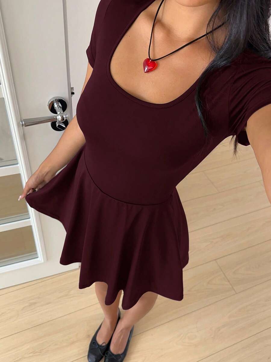 SHEIN EZwear 女士酒红色方领针织迷你连衣裙 - 酒紅色 - 查看 1