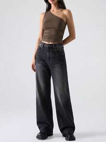 SHEIN EZwear Retro Style Brown Grunge One Shoulder Crop Top - Brown - View 3