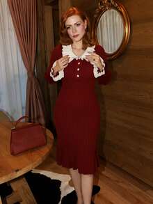 Gretanique Elegant Colorblock Ruffle Hem Mermaid Hem Sweater Dress, Suitable For Autumn/Winter Fall Cloth For Women - Burgundy - View 6