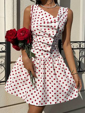 MainGRL Red Polka Dot Sleeveless Women Mini Dress,Summer Dresses For Women,Valentine's Day,Birthday Dress