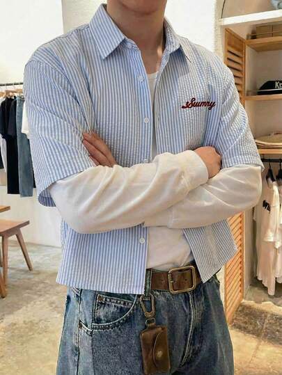 Manfinity VCAY Men's Slogan Embroidered Striped Casual Long Sleeve Shirt