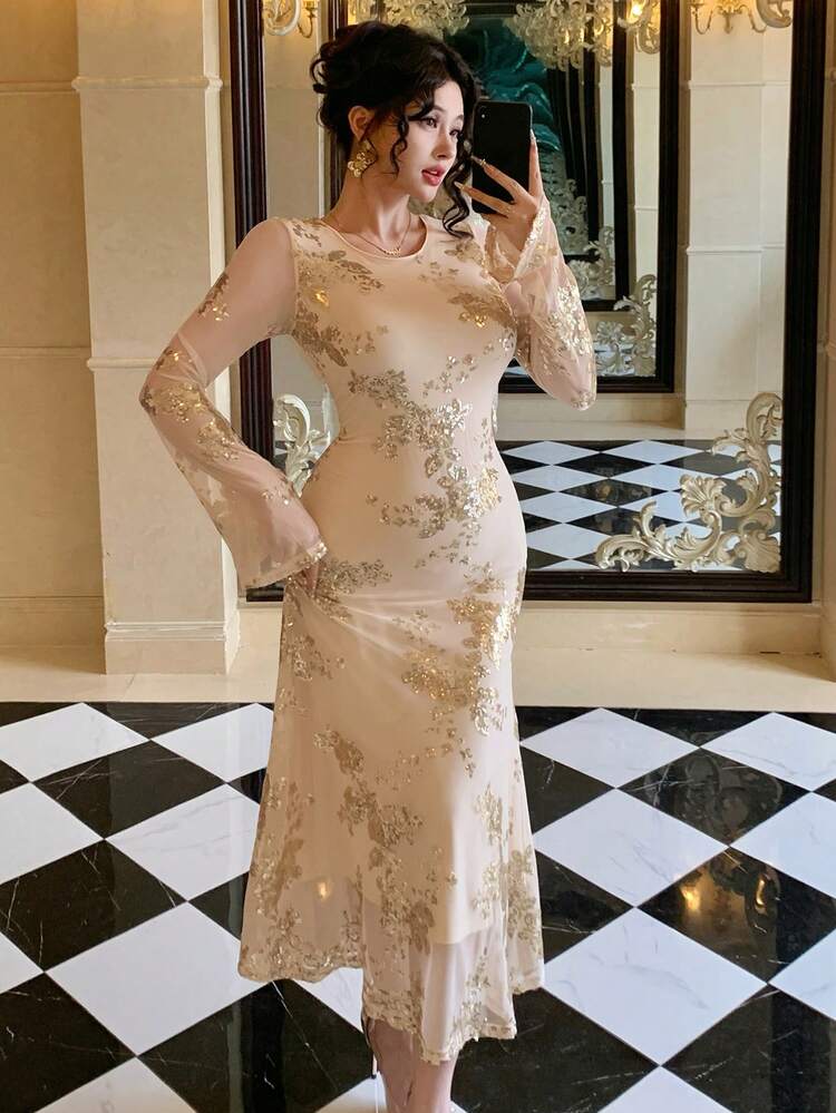 Women's Elegant Party Dress With Sequin Mesh Patchwork, Flare Sleeves And Mermaid Hem, Suitable For Spring, Summer And Autumn Maxi Dress Sundress Floral Dresses For Women