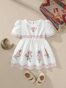 SHEIN Souflis 春夏新款女婴幼儿0-3岁粉色碎花优雅度假泡泡袖连衣裙