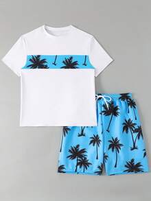 SHEIN 青少年男孩椰子树印花沙滩泳衣套装 - 彩色 - 查看 7