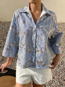 Livesso 亮片宽松休闲商务办公街头纹理条纹沙滩度假设计蓝色长袖女式衬衫，春夏款 - 藍色 - 查看 6