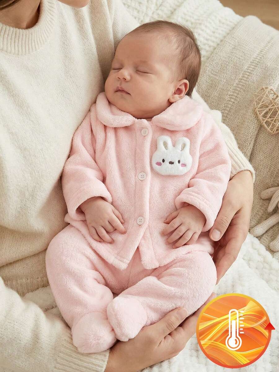 Newborn Cute Bunny Plush Loungewear Set - Pink Cute Bunny Plush Loungewear 2-Piece Combo Cute Bunny Plush Design Pink Sweet Color Long Sleeve Cute Bunny Plush Loungewear Set 2-Piece Combo Social Media Style Cute Bunny Plush 2026 New Year Holiday Essential Autumn Winter Newborn Cute Bunny Plush Loungewear Set - Pink - View 1