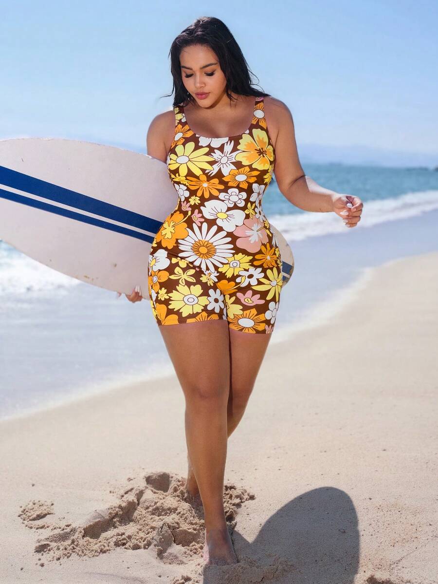 SHEIN Swim SPRTY Quần short đi biển mùa hè in hoa, kiểu dáng thường ngày, năm 2026, phù hợp cho người có thân hình mũm mĩm. - Nhiều màu - Xem 1