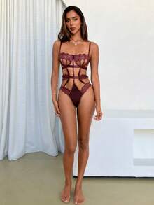 Aloruh 经典透明蕾丝紧身衣，咖啡棕色，细肩带，优雅镂空内衣套装，镂空内衣，外出 - 咖啡棕 - 查看 2