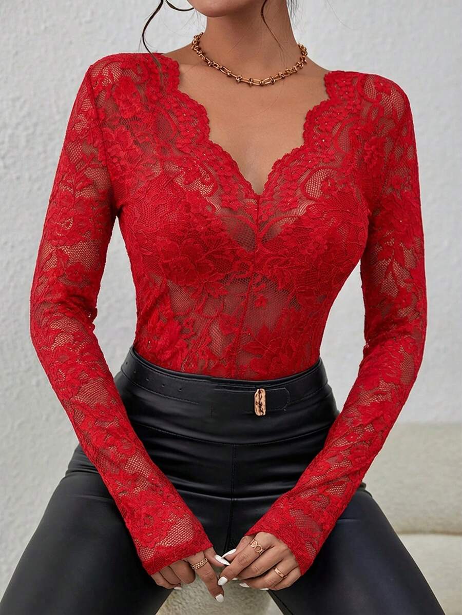 Firerie 女士时尚性感蕾丝V领长袖修身衬衫，秋季款 - 紅色 - 查看 1