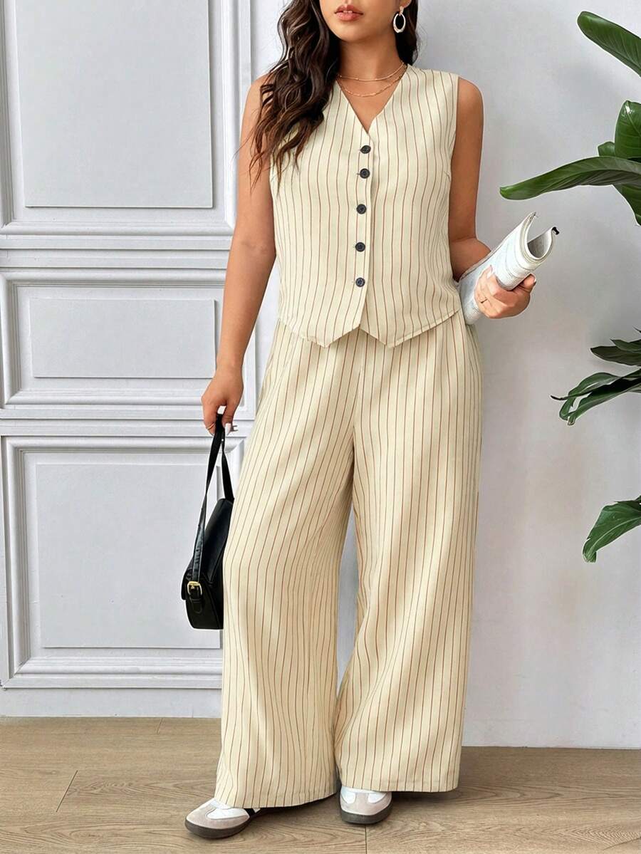 Lounesse Plus Size Women Casual/Office Elegant Striped Vest Shirt And Straight Leg Pants Set, Summer Outfits - Apricot - View 1