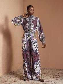 JIAN LASALA Mono de mujer de pierna ancha con estampado boho multicolor, cuello de pico, mangas farol y cintura drapeada. Conjunto de estampado africano para mujer, mono boho para mujer para boda en la playa - Multicolor - Ver 3