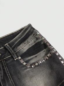 ROMWE Grunge Punk Women's Super Low-Rise Sexy Y2K Millennium Vintage Rhinestone Embellished Skinny Denim Shorts - Dark Grey - View 3