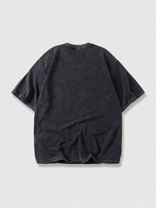 ROMWE MEN Street Life Spring/Summer Casual Graphic Men'S Casual Fashion Street Jesus Letter Print Washed Loose Fit T-Shirt, Summer - Black - View 2