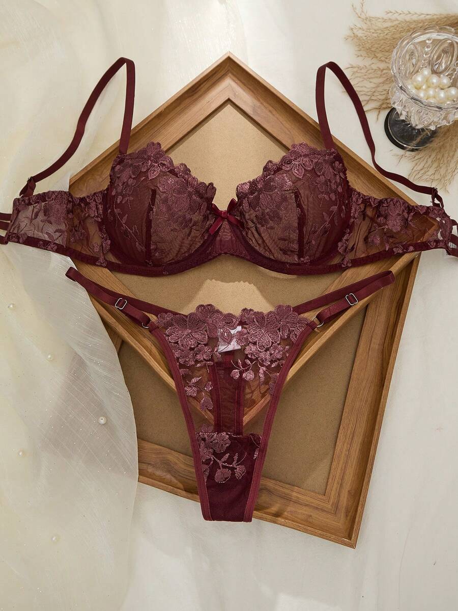 Seduluxe 2pcs Mesh Embroidery Women's Lingerie Set - Rust Brown - View 1