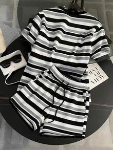 Resyla Women's Casual Striped Print T-Shirt And Shorts 2 Pieces Set, Summer