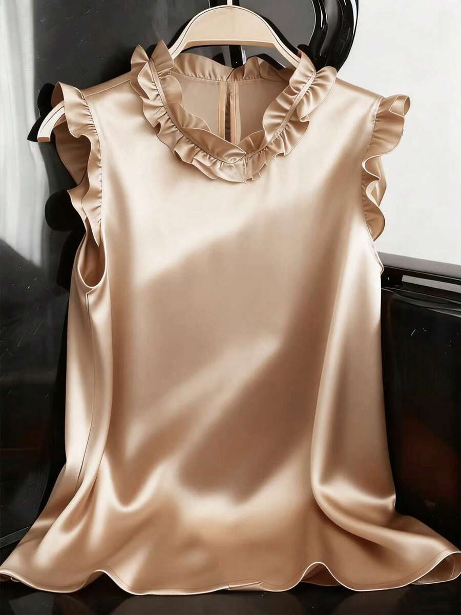 Franclia Women's Solid Color Frill Trim Round Neck Cap Sleeve Elegant Blouse - Apricot - View 1