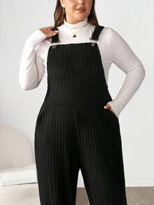 Enliva 大码灰色弹力羊毛罗纹针织背带裤，秋冬款 - 黑色 - 查看 5