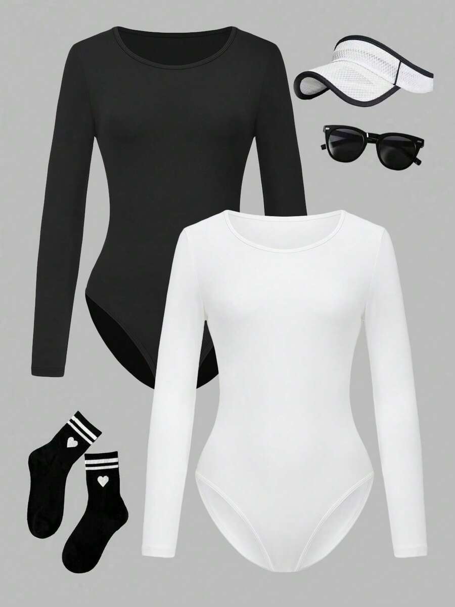 2pcs/Set Teen Girls' Black & White Leotards, Round Neck Dance Gymnastics Elastic Fitted Long Sleeve Bodysuit, Spring/Summer - Multicolor - View 1