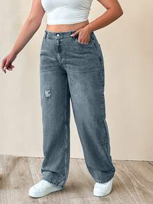EURMUSE 100% Cotton Plus Size Women's Mid-Blue Elastic Waist Straight Leg Jeans - Light Wash - View 7