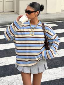 Muchica Women's Regular Length Striped Knitted Fabric T-Shirt Blue Long Sleeve Casual Round Neck Drop Shoulder - Blue - View 3